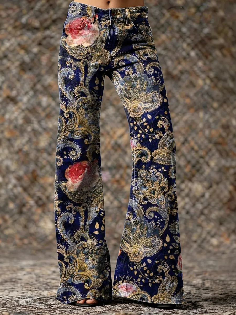 Vintage Ethnic Blue Floral Art Printed Casual Slim Denim Wide Leg Pants