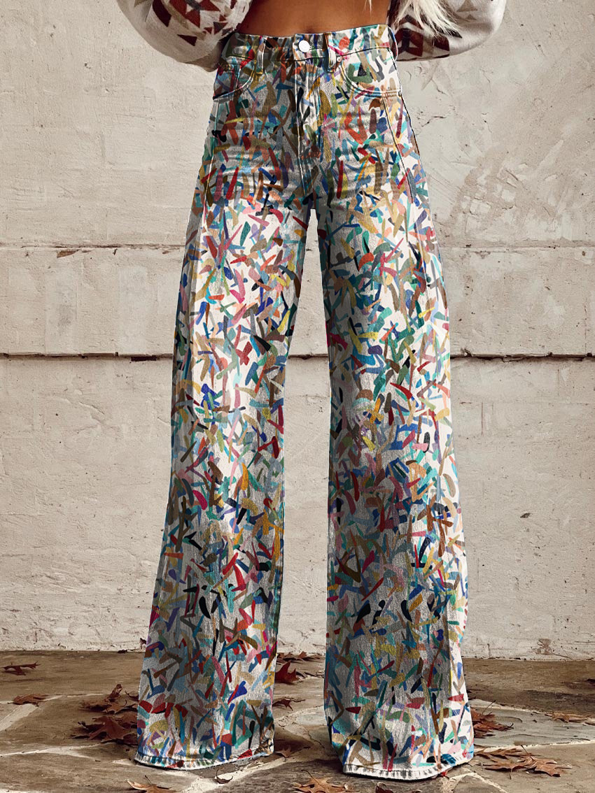 Vintage Abstract Art Print Wide-Leg Pants