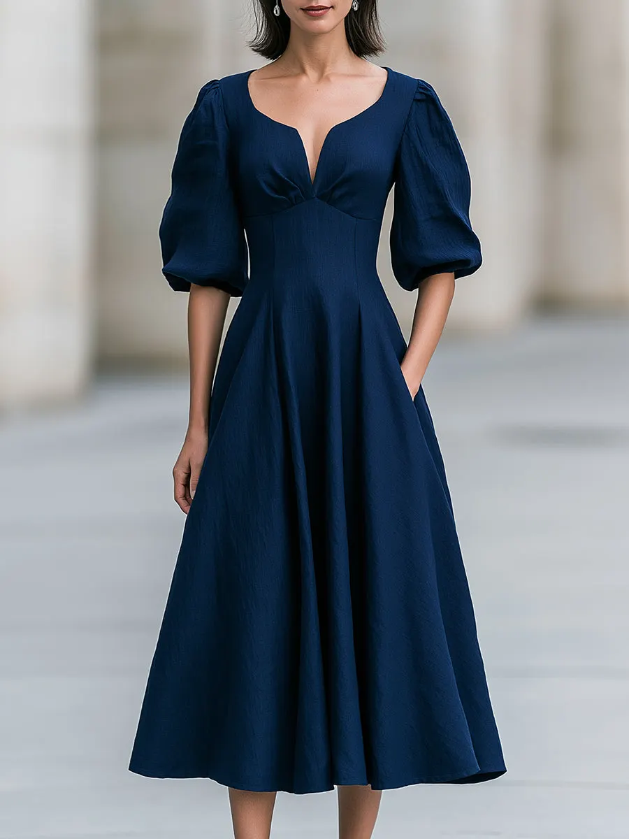 Navy Blue Sweetheart V-Neck Puff Sleeve Midi Swing Dress