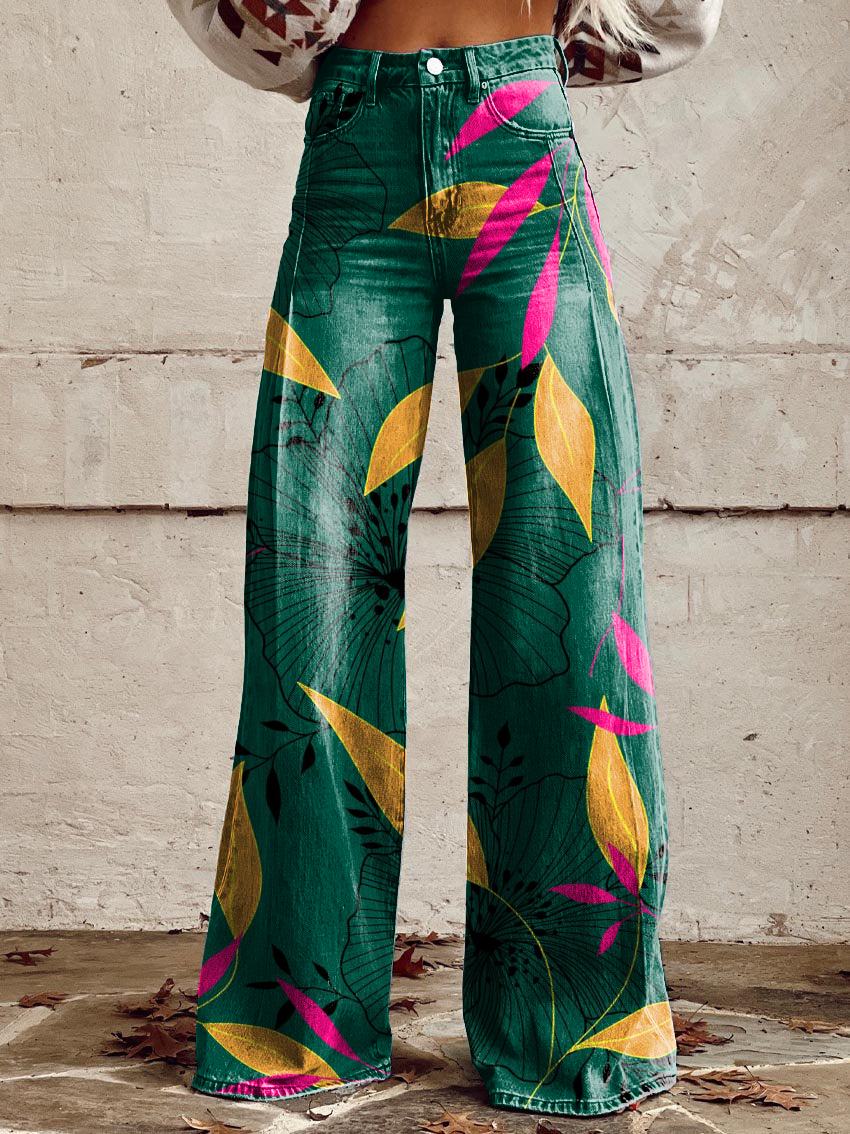 Retro Colorful Floral Art Casual Wide-Leg Pants