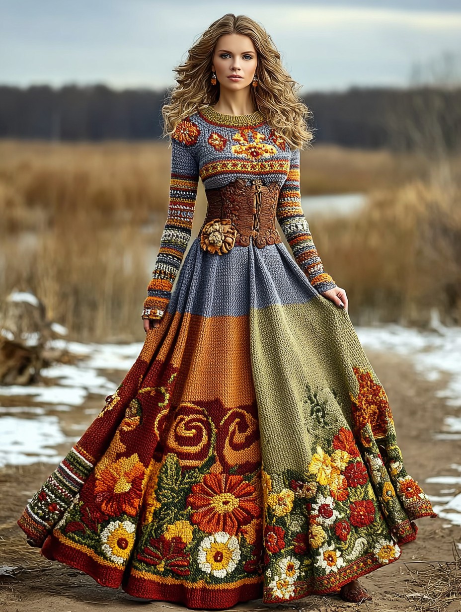Vintage Floral Crochet Colorblock Cozy Maxi Sweater Dress