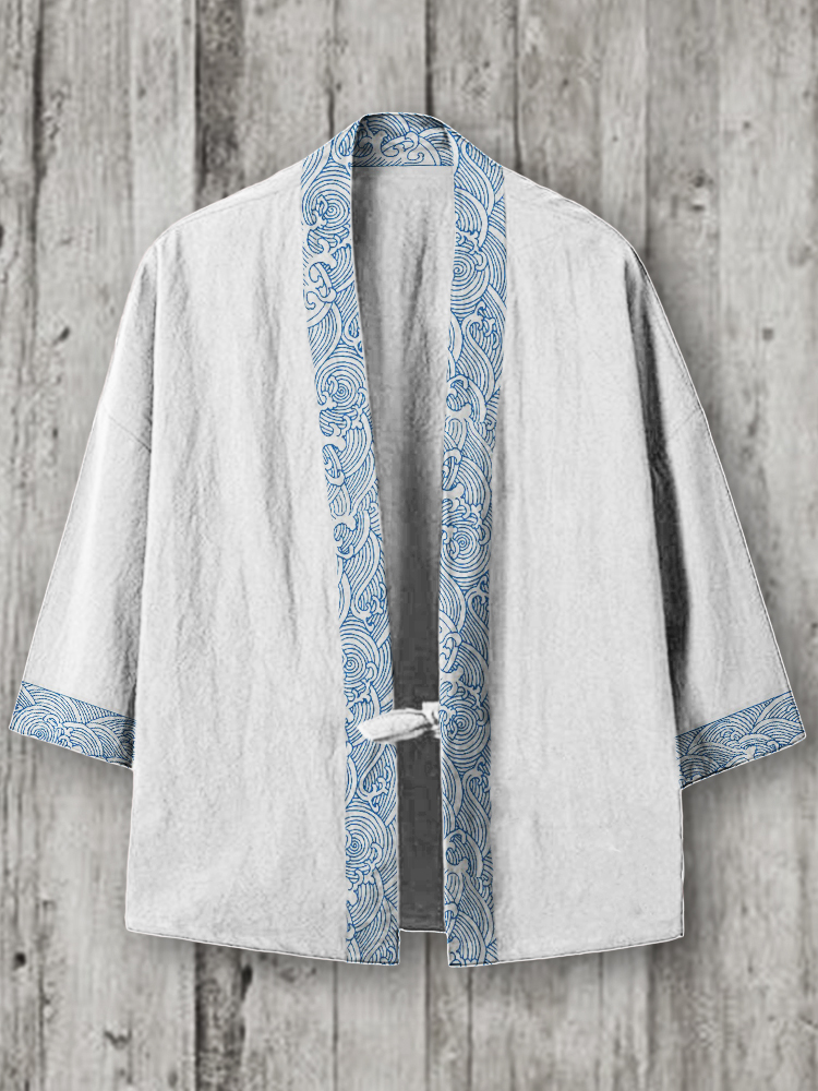 Sea Waves Japanese Trim Linen Blend Kimono Cardigan
