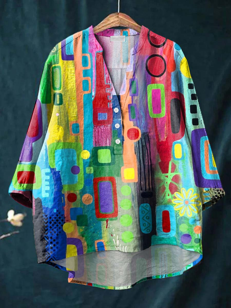 Geometric Pattern Art Print Casual Cotton & Linen Shirt