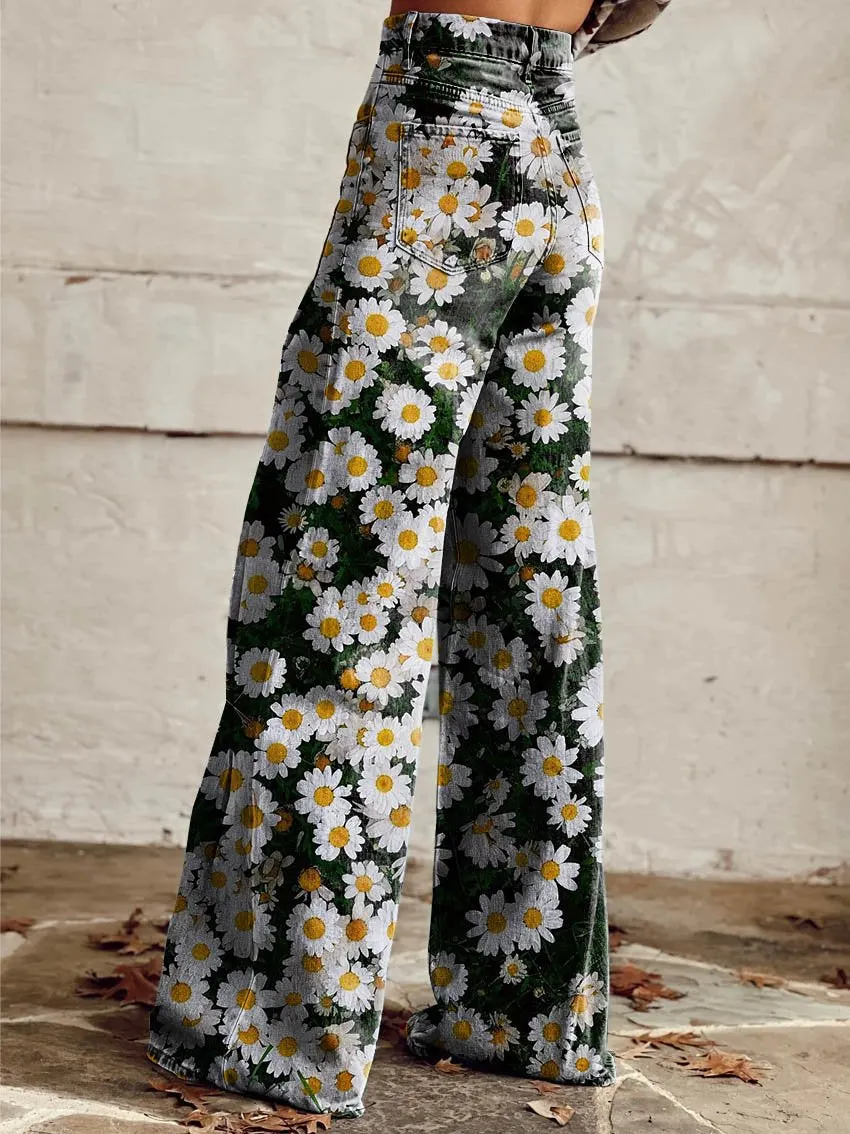 Daisy Print Casual Wide-Leg Pants