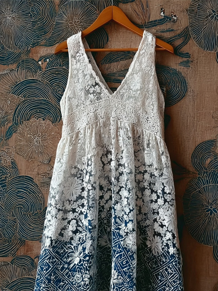 Vintage Japanese Patchwork Hollow Floral Lace Maxi Tank Dress