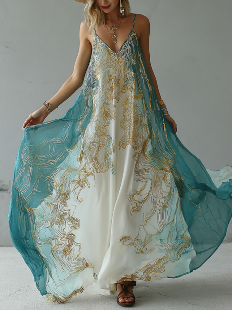 Vintage Marble Texture Collection Retro Bohemia Women Style Gradient Gilded Pattern Suspender Long Dress