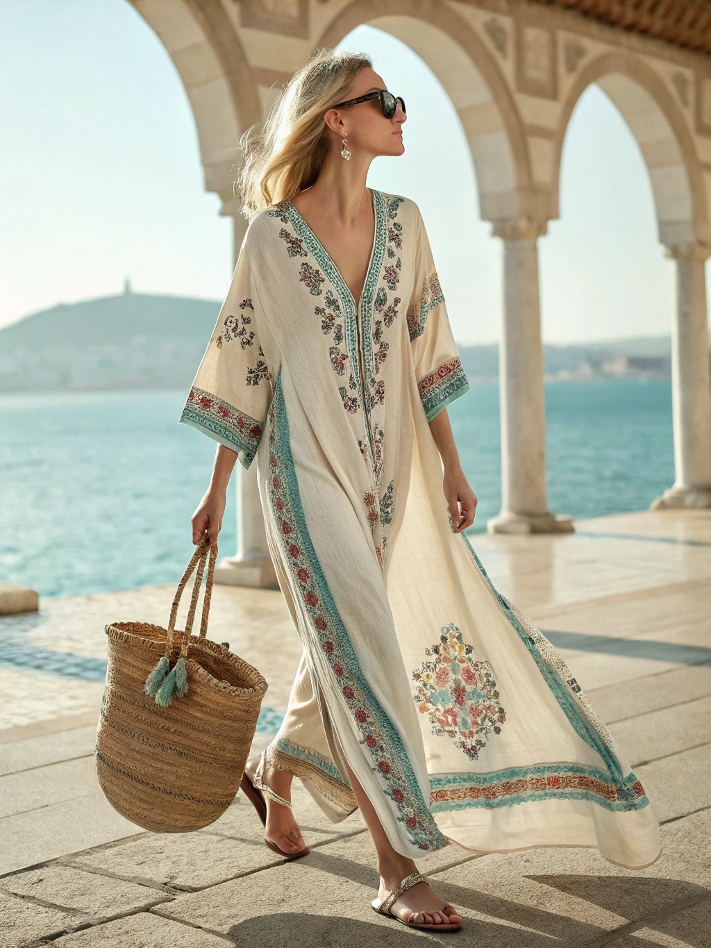 Contton & Linen Long-Sleeve Kaftan Maxi Dress