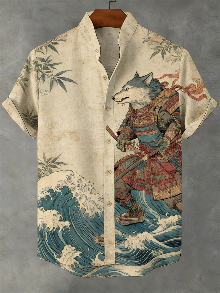 Japanese Wolf Samurai Sea Waves Linen Shirt