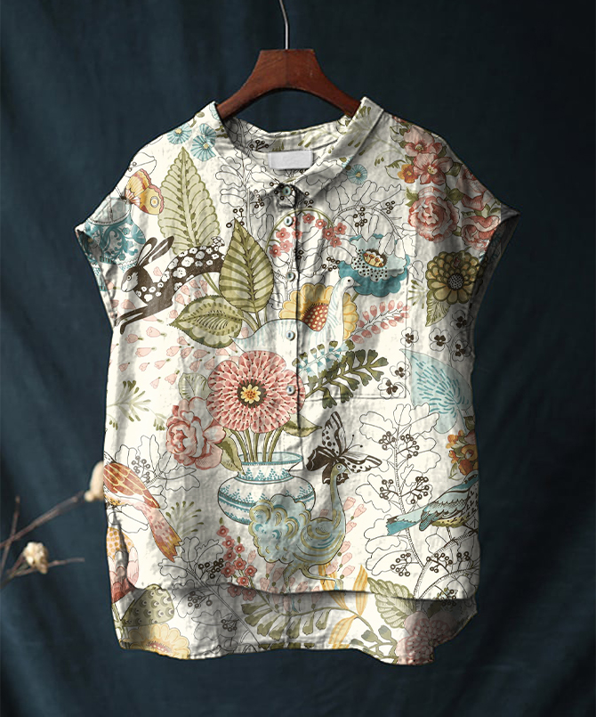Vintage Art Floral Print Short Sleeve Cotton & Linen Shirt