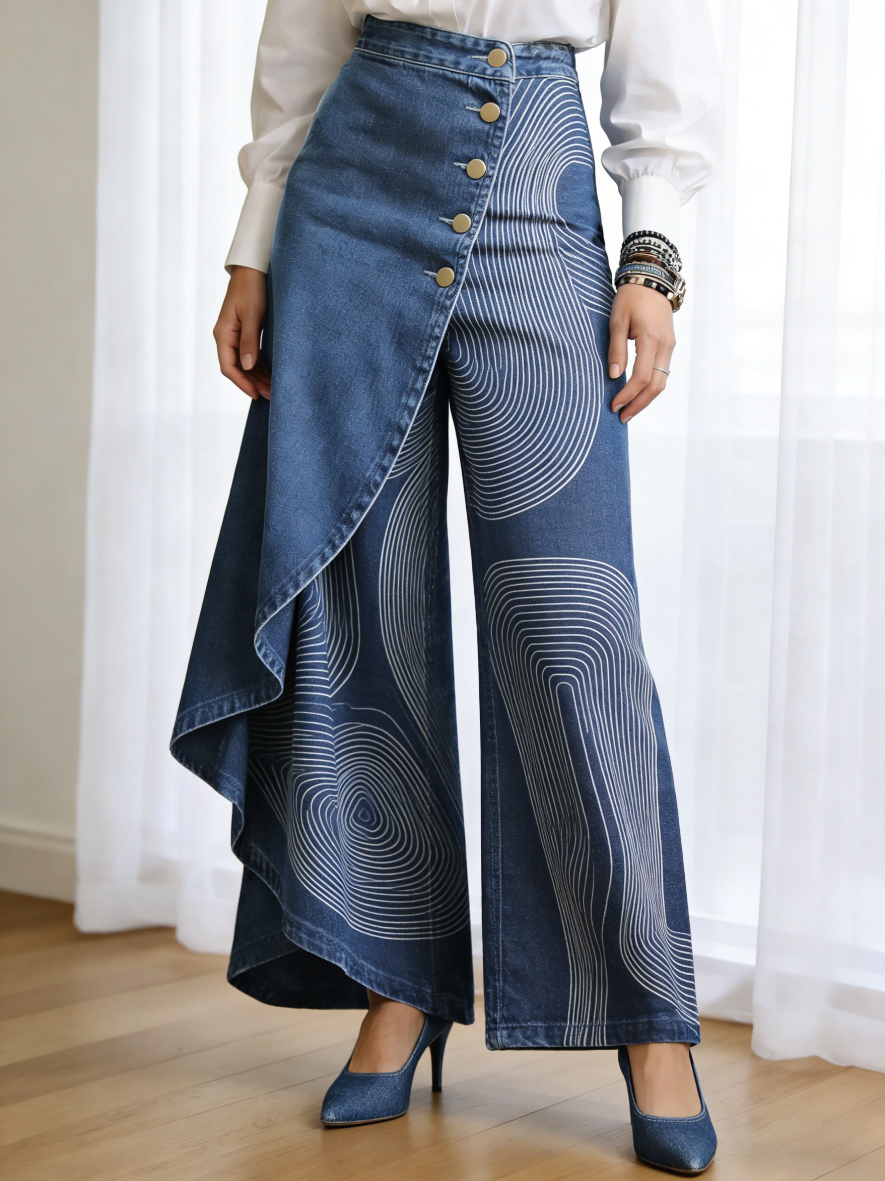 Art Print Casual Washed Denim Cotton Pants