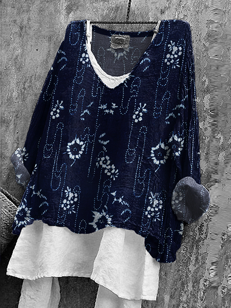 Vintage Floral Art Print V-neck Loose T-shirt