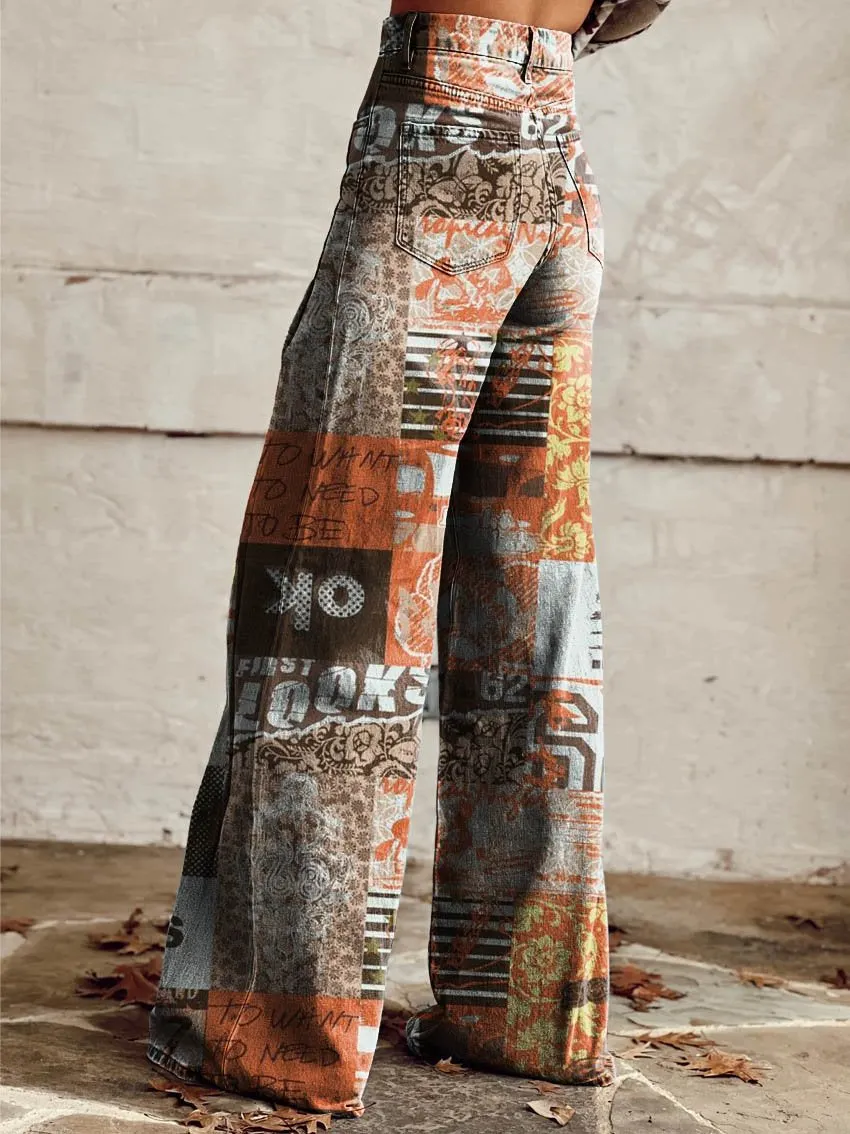 Collage Print Casual Wide-Leg Pants