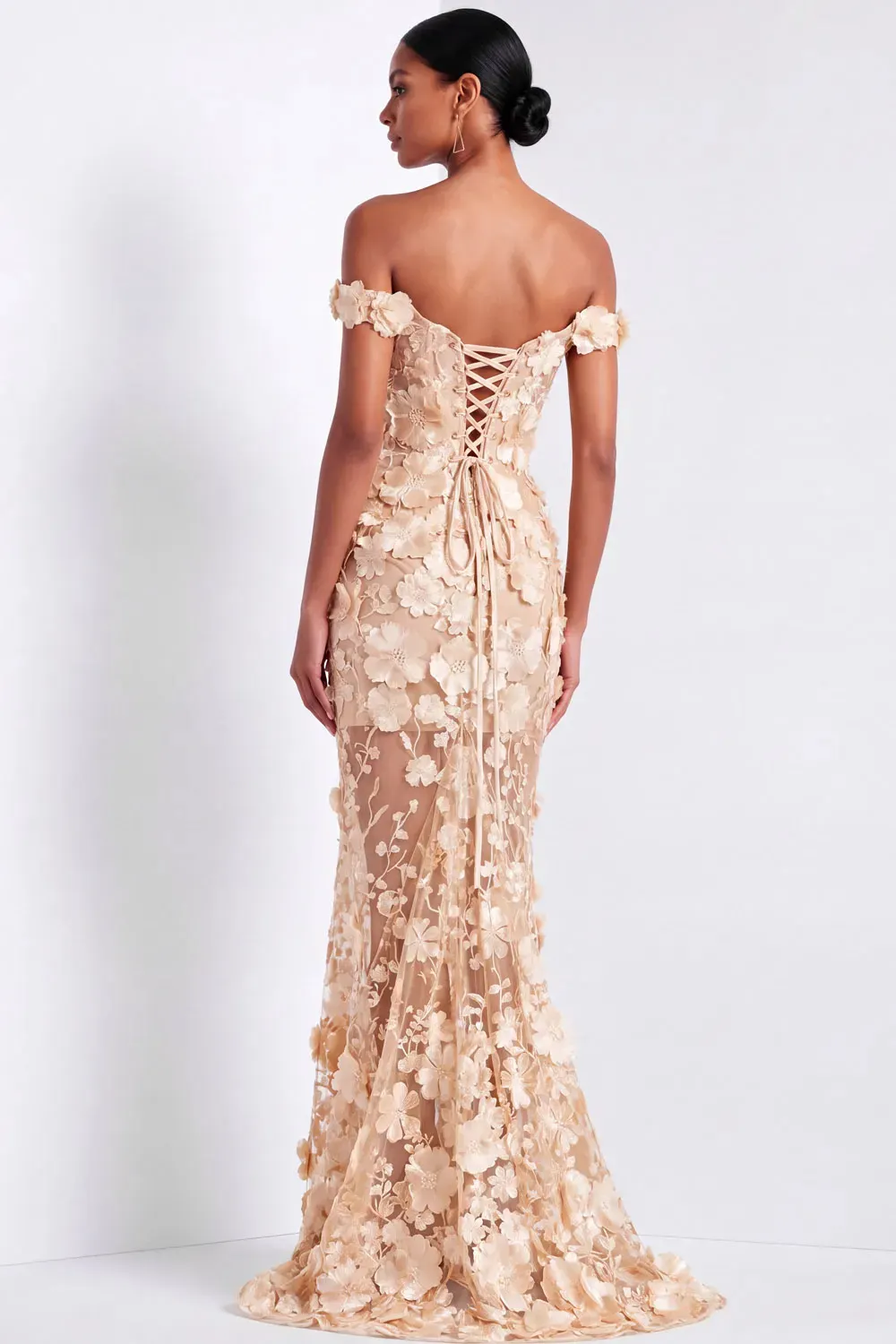 Champagne Off-Shoulder Mermaid Maxi Floral Dress