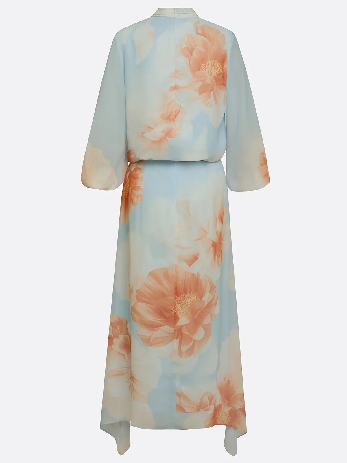 Light Blue Floral Chiffon Mock Neck Long-Sleeve Balloon Sleeve Romantic Top With Skirt Two-Piece Set