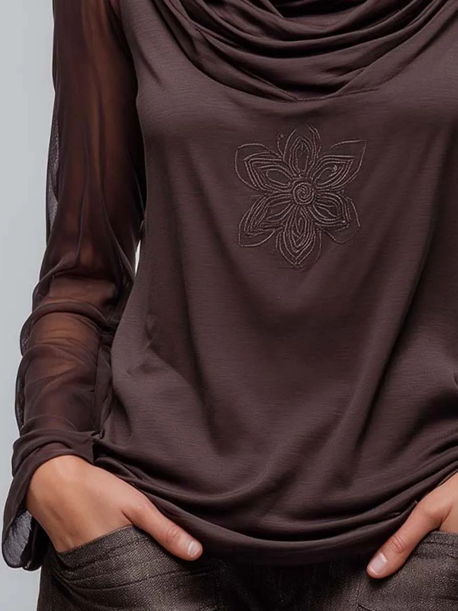 Draped Cowl-Neck Top With Sheer Mesh Sleeves And Embroidered Motif