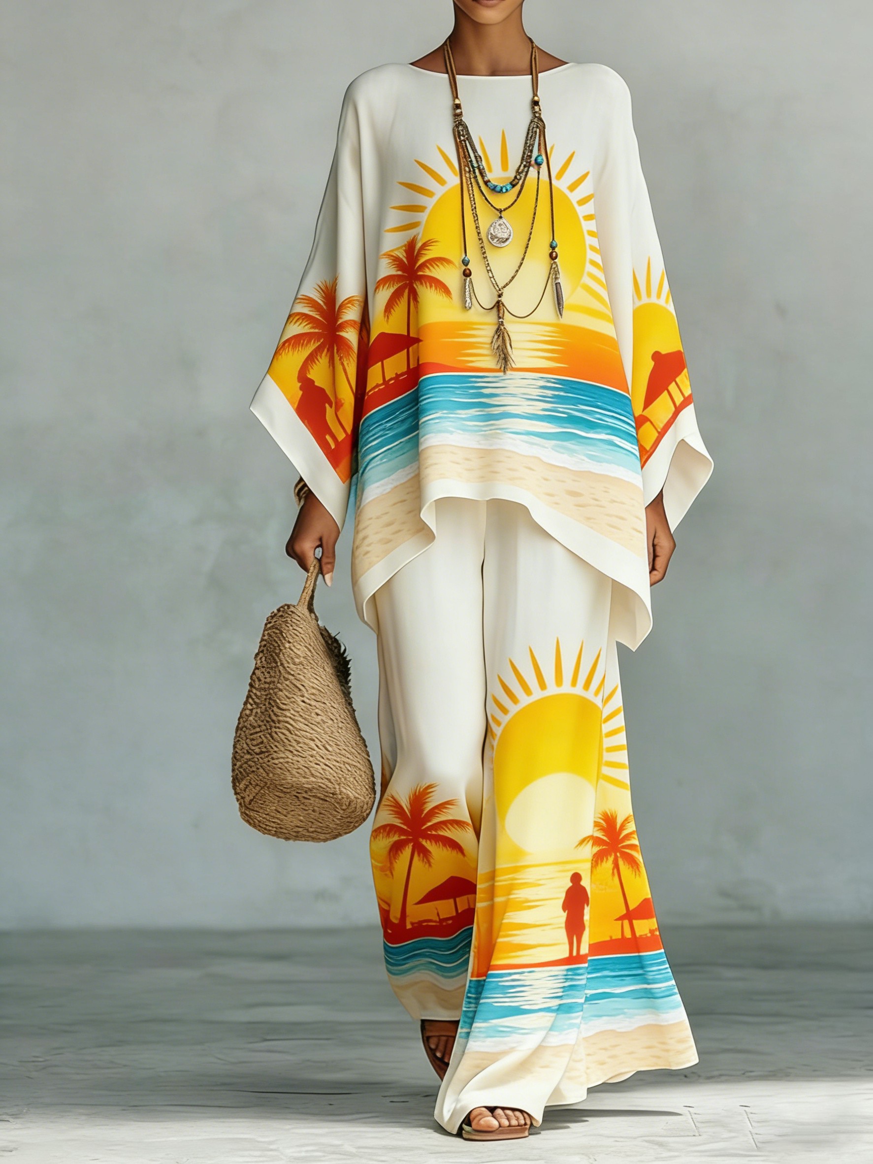 Comfortable & loose print pattern cotton & linen wide-leg pants two-piece set