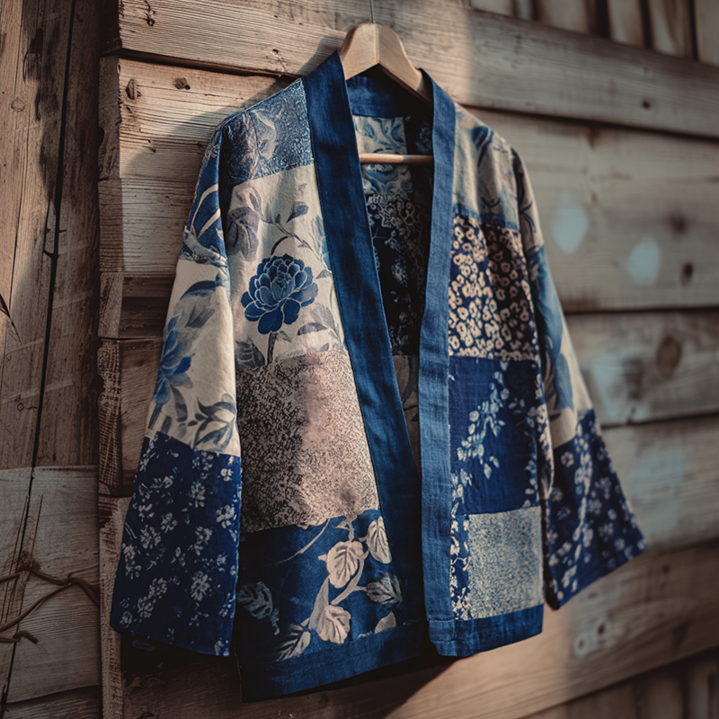 Vintage Japanese Traditional Sashiko Patchwork Art Print Cotton & Linen Blend Kimono Cardigan