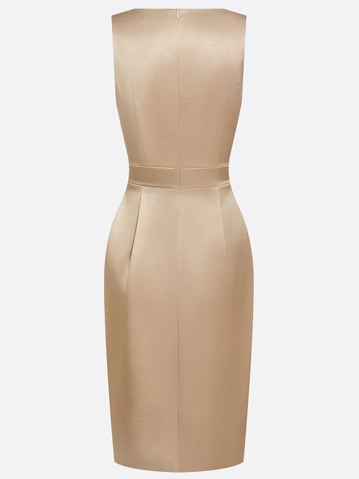 Champagne Ruched Buckle Satin Cowl Neck Sleeveless Sheath Midi Dress