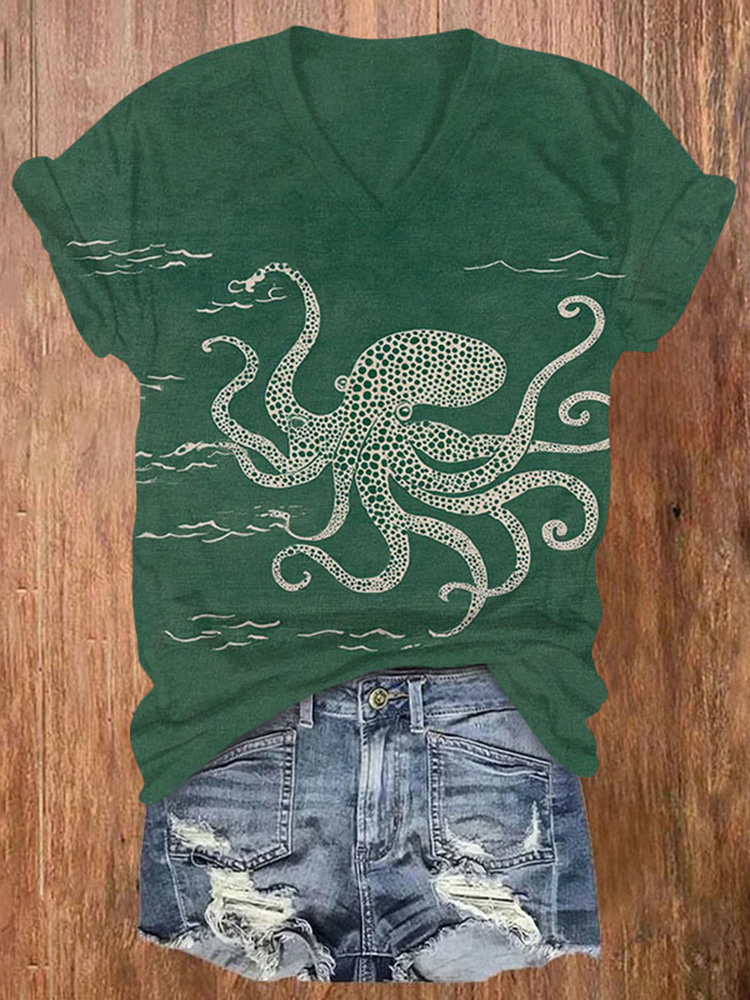 Vintage Funny Octopus Print Short Sleeved V-neck T-shirt