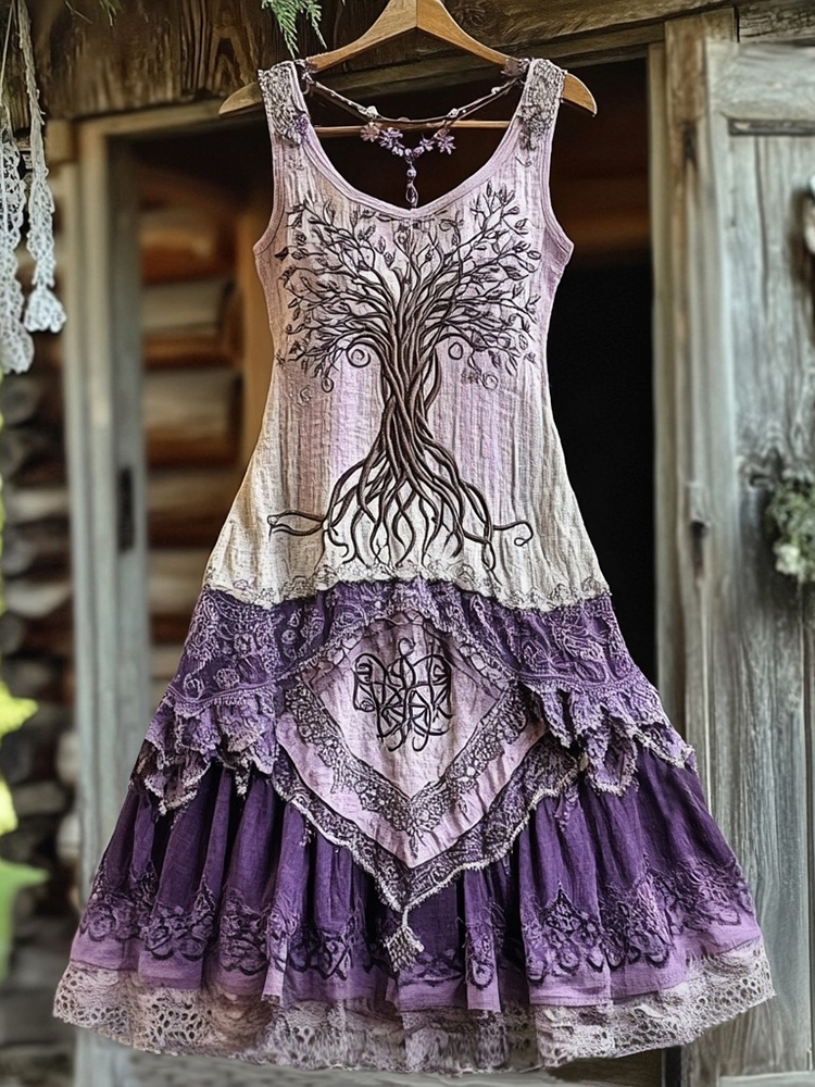 Vintage Life Of Tree Tribal Lace Patchwork Art Comfy Tank Dress