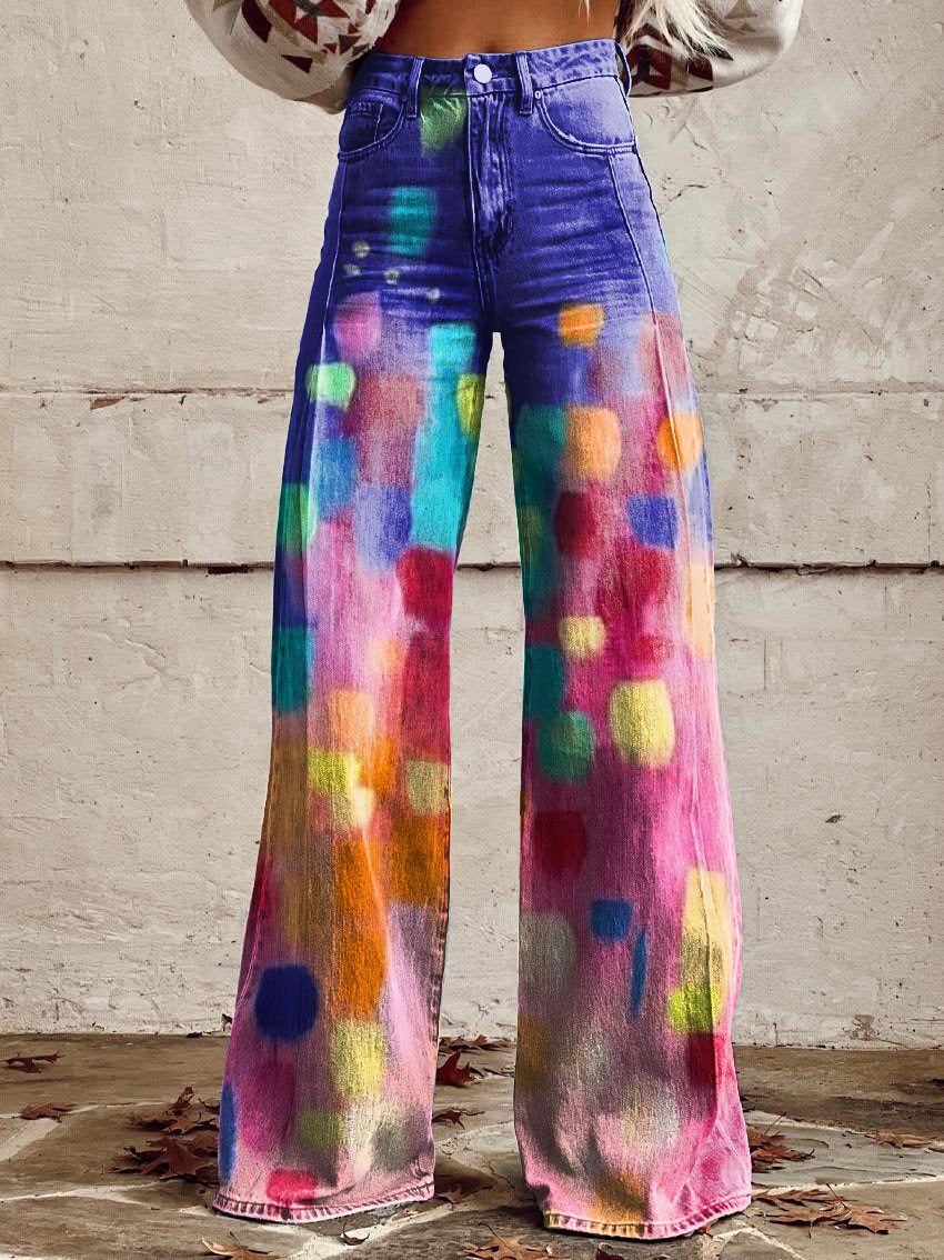 Bright Art Color Block Print Casual Wide-Leg Pants