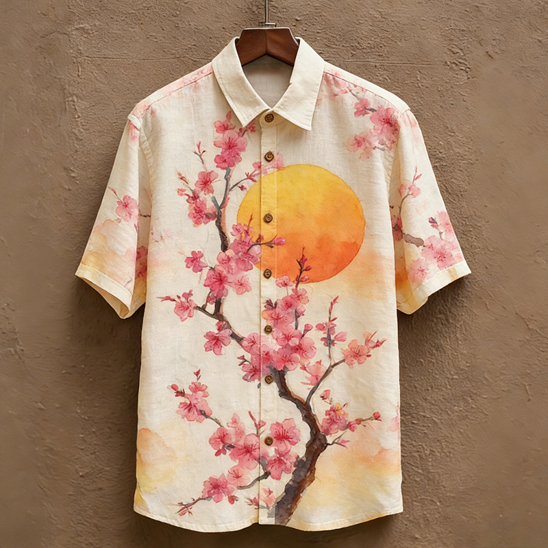 Men's Japanese-style Artistic Floral Print Short-sleeved Shirt