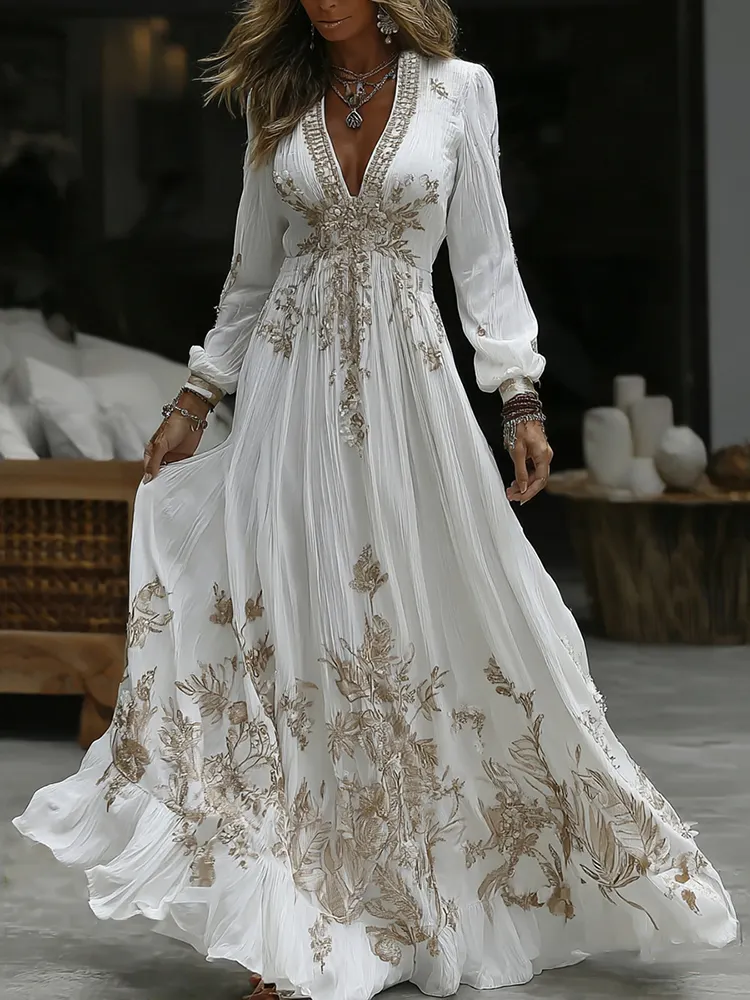 Women's Vintage Floral Embroidery Art Casual Long Sleeve Maxi Dress