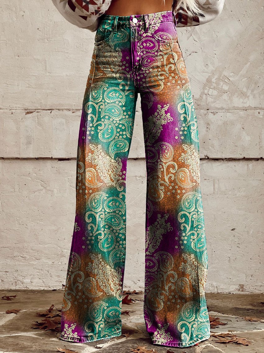 Vintage Print Casual Wide-Leg Pants