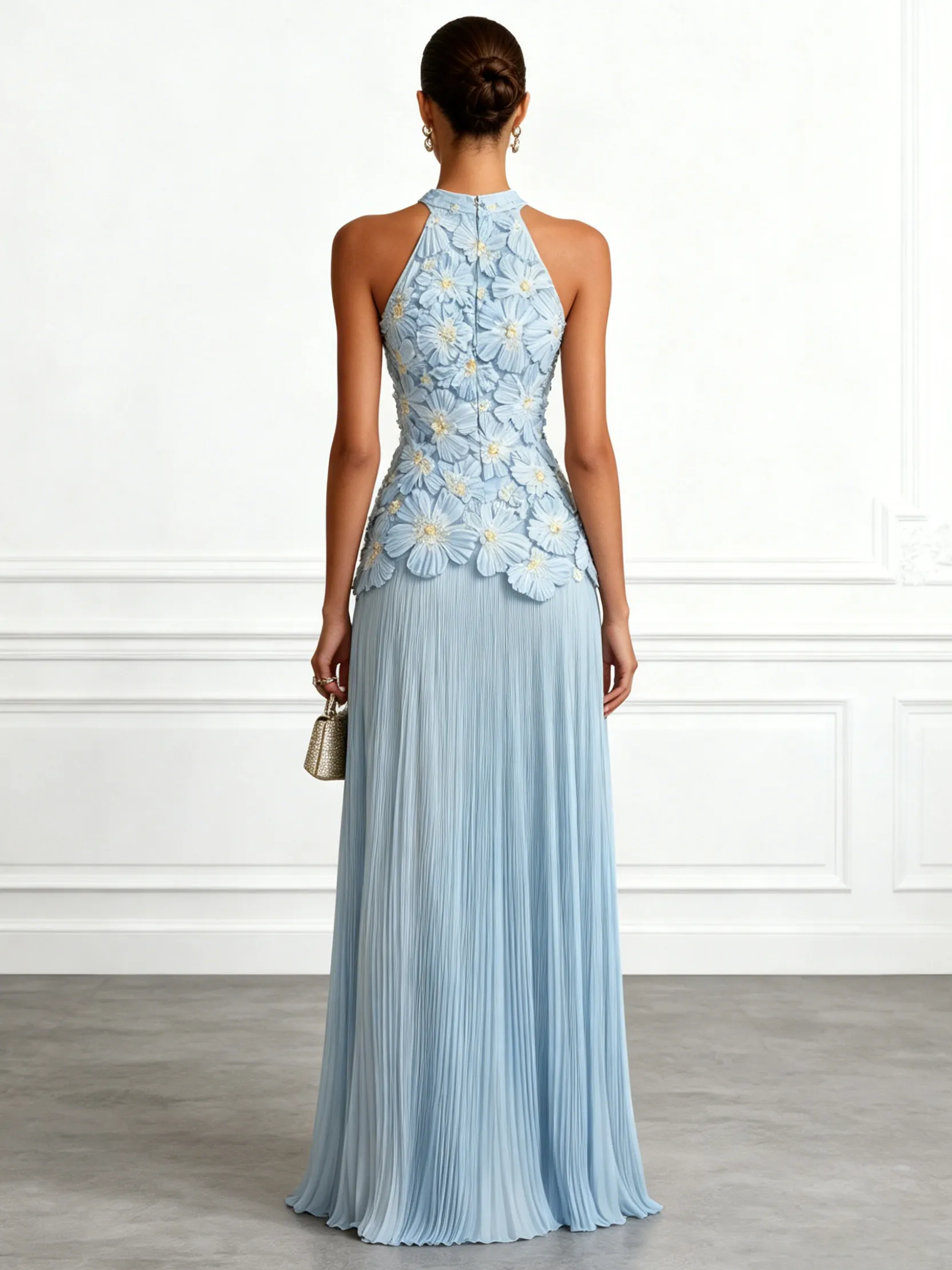 Light Blue Jacquard Chiffon Halter Neck Sleeveless A-Line Floor-length Gown