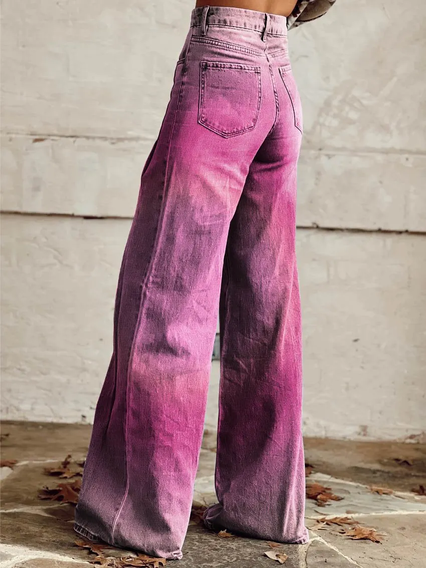 Pink Print Casual Wide-Leg Pants