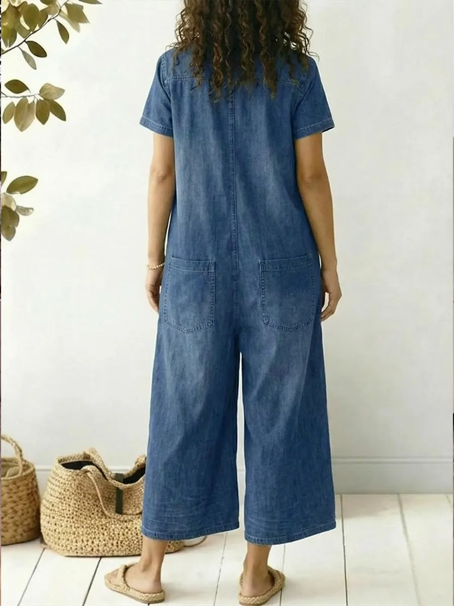 Loose-fitting Casual Short-sleeved Denim Jumpsuit