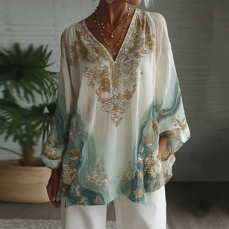 Vintage Marble Texture Collection Bohemia Women Style Gradient Gilded Pattern Round Neck T-shirt