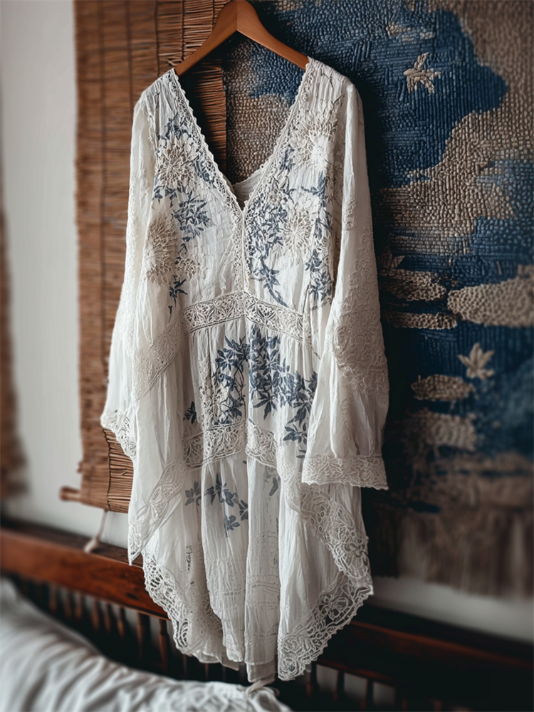 Japanese Floral Sashiko Embroidered Lace Flowy Linen Tunic