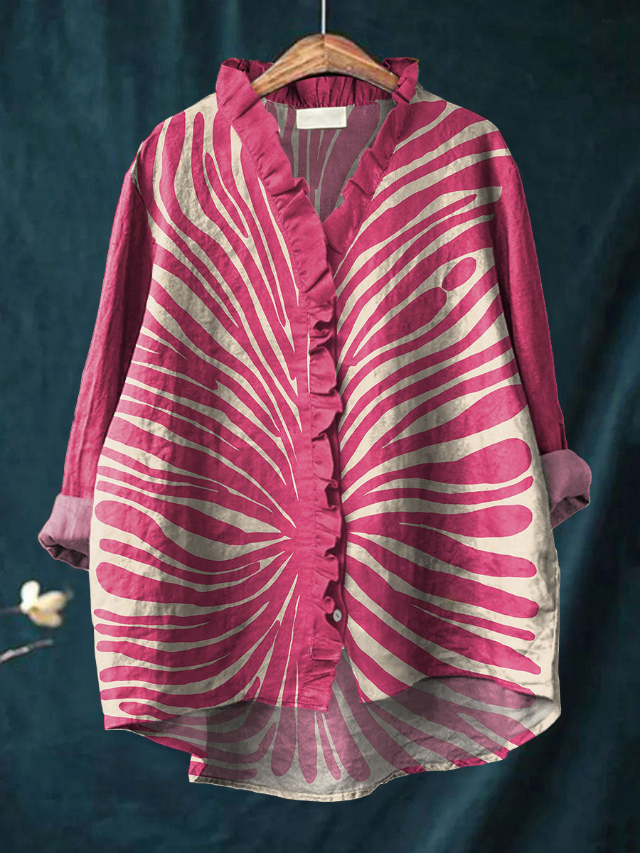 Fashion Color Block Art Print Casual Cotton & Linen Ruffle Shirt