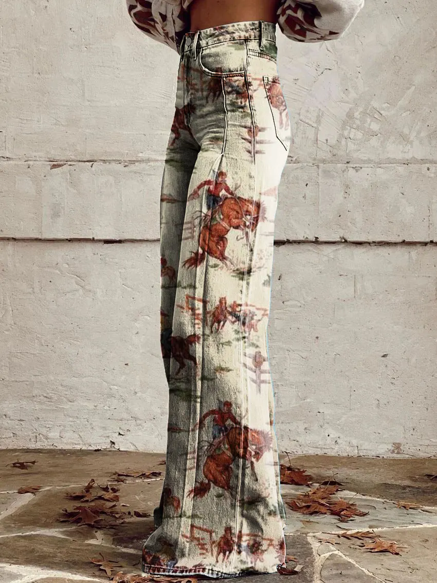 Cowgirl Horse Print Casual Wide-Leg Pants