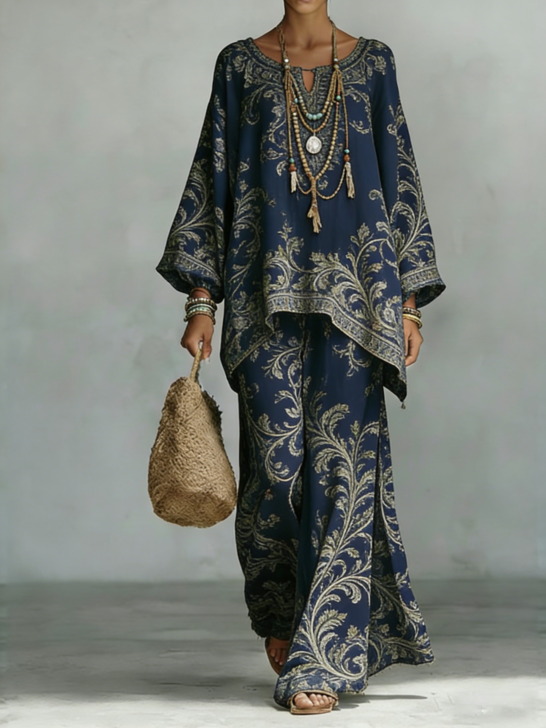 Comfortable & loose print pattern cotton & linen wide-leg pants two-piece set