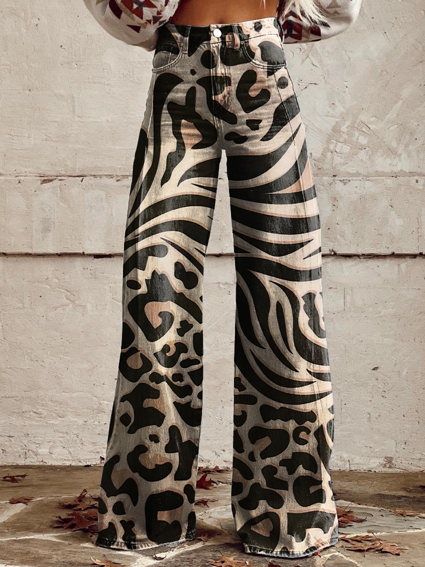 Vintage Leopard Print Casual Wide-Leg Pants