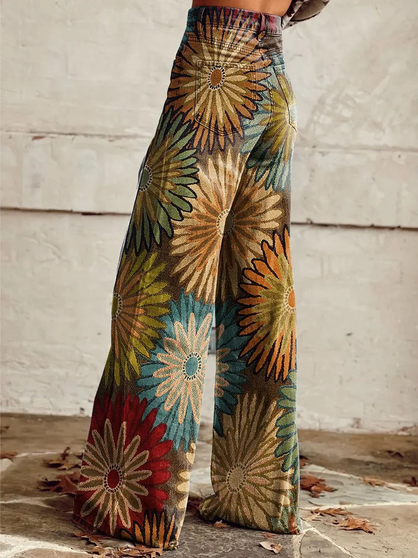 Vintage Wild West Print Casual Wide-Leg Pants