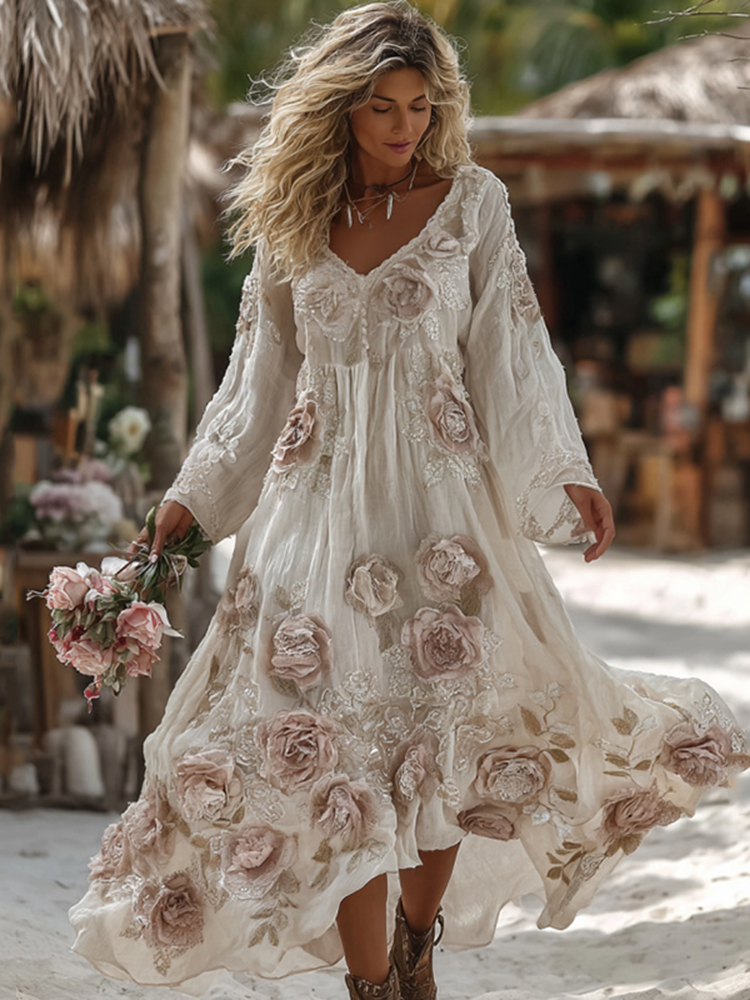 Women's Vintage Romantic White Rose Embroidery Art Comfy Vacation Dress Maxi Dress