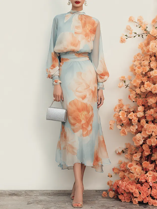Light Blue Floral Chiffon Mock Neck Long-Sleeve Balloon Sleeve Romantic Top With Skirt Two-Piece Set