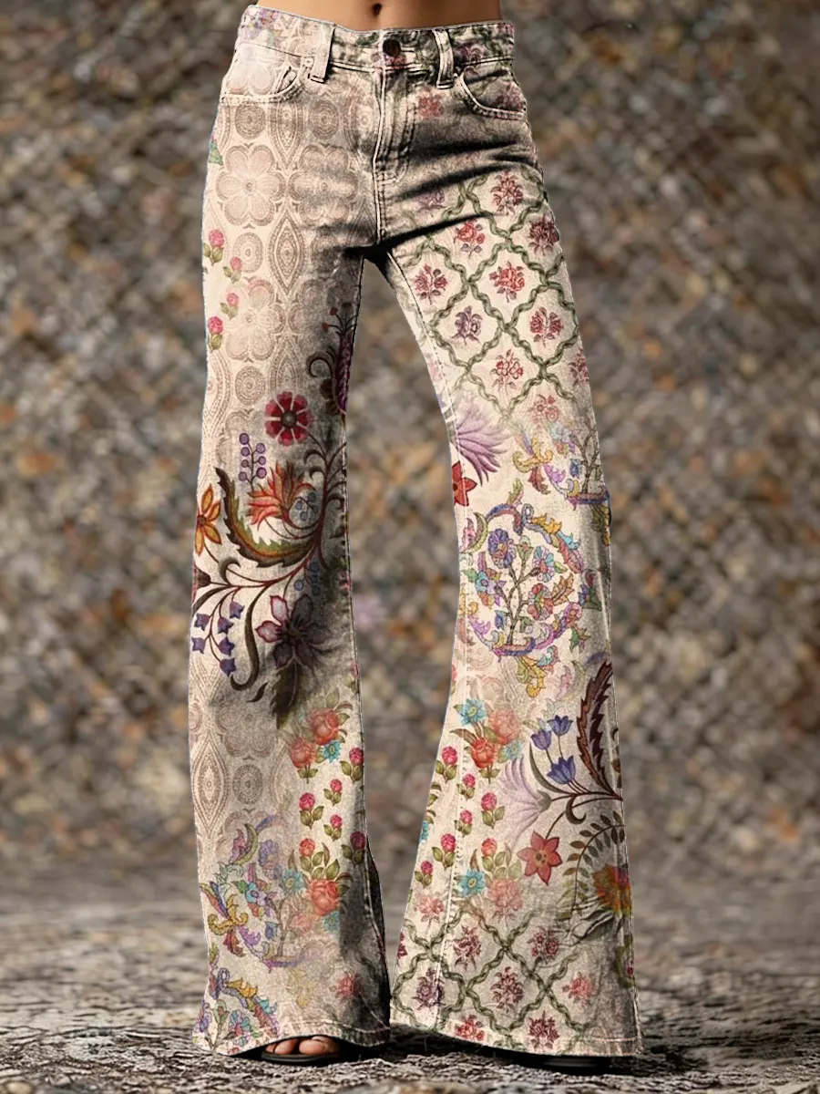 Womens Vintage Ethnic Floral Art Printed Casual Slim Denim Wide Leg Pants
