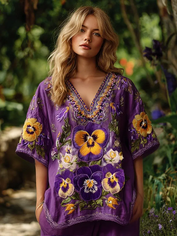 Women's Purple Pansy Embroidery Design Print Three-quarter Sleeves Shirt