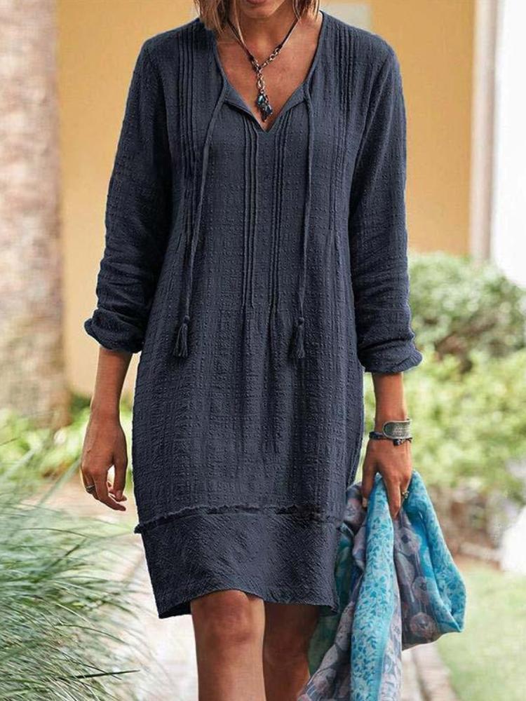Solid Color Loose Long Sleeve Linen Mini Dress