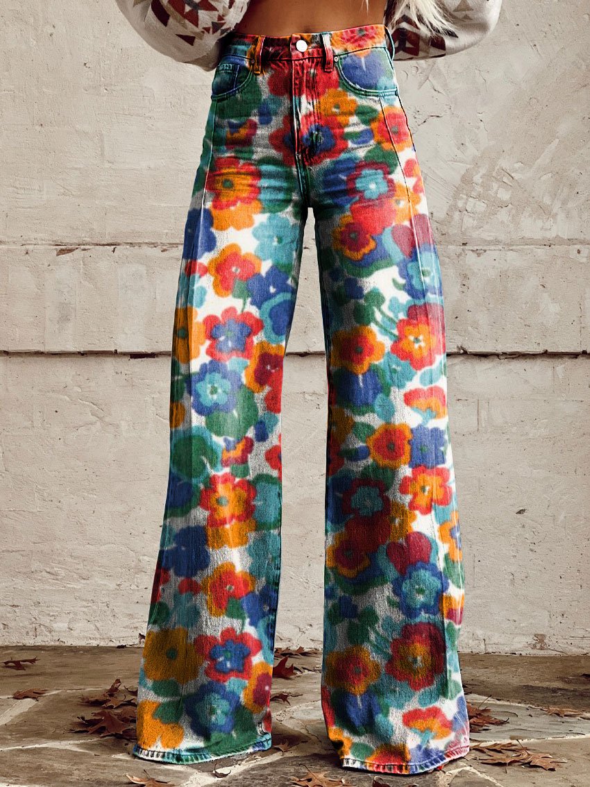 Vintage Print Casual Wide-Leg Pants