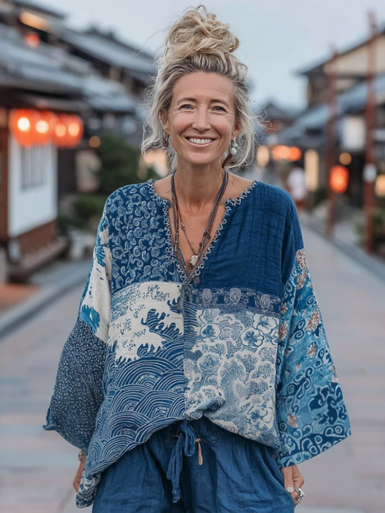 Japanese Style Floral Wave Patchwork Pattern Cozy Top