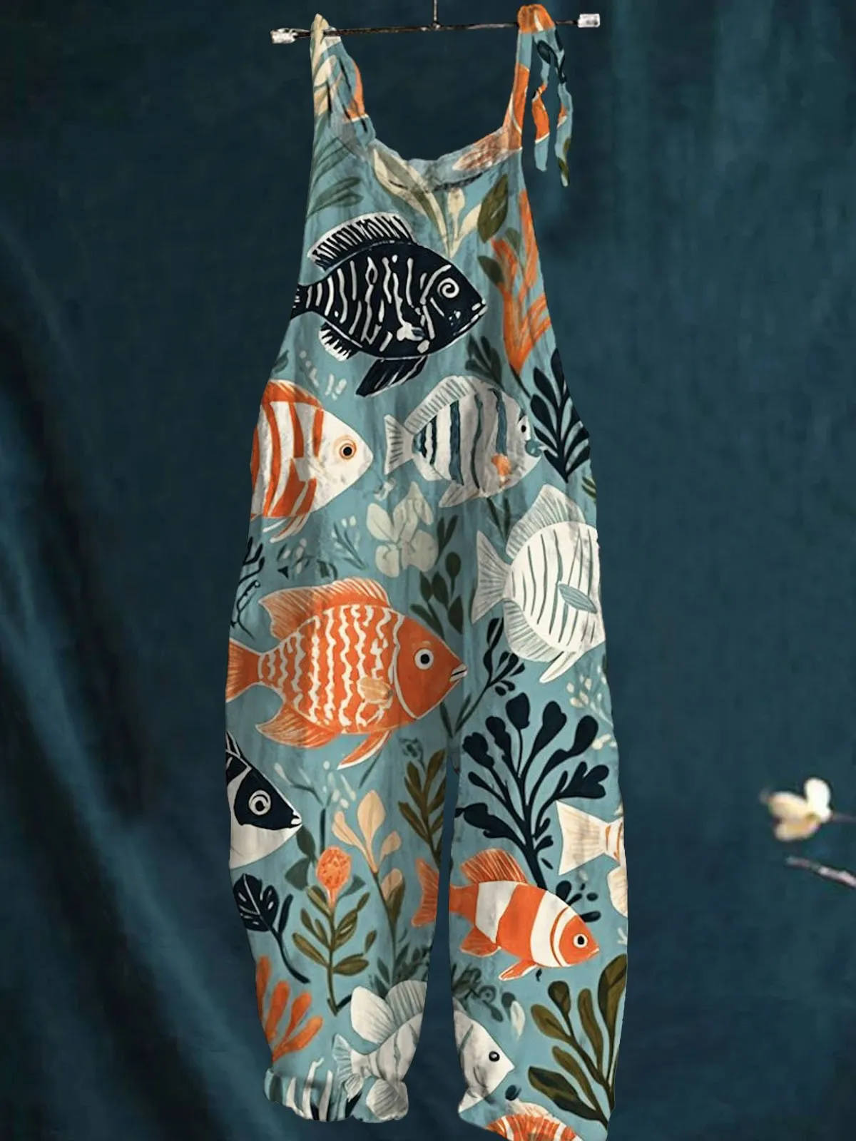Vintage Lovely Fish Art Print Casual Wide-Leg Jumpsuit