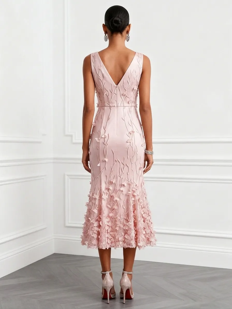 Light Pink 3D Floral Classic V-Neck Sleeveless Mermaid Midi Dress