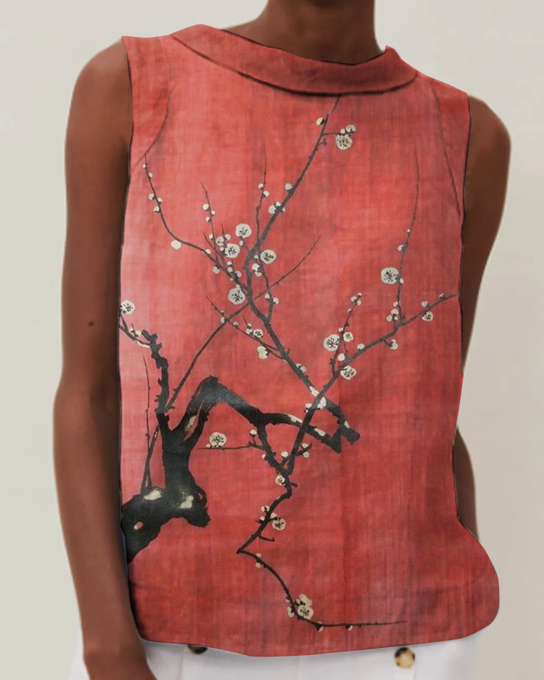 Vintage Plum Blossom Print Cotton & Linen Round Neck Sleeveless Top