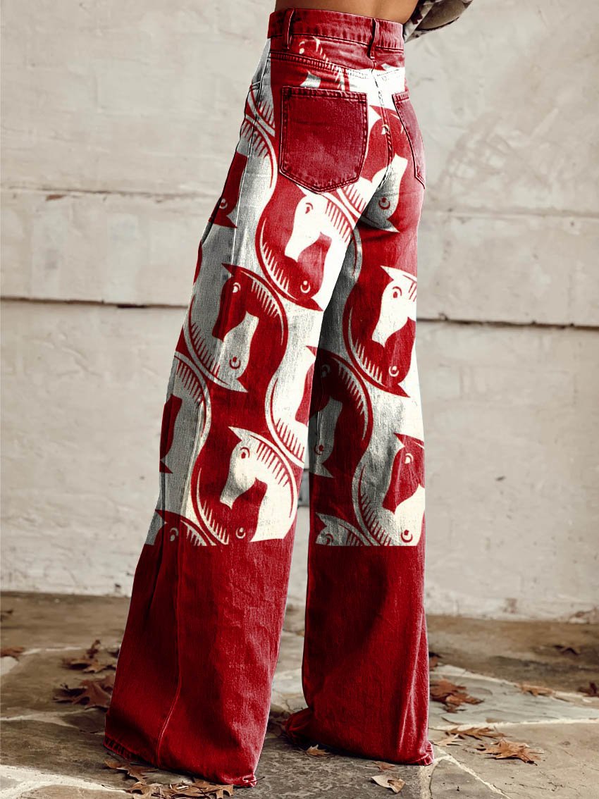 Red Western Print Casual Wide-Leg Pants