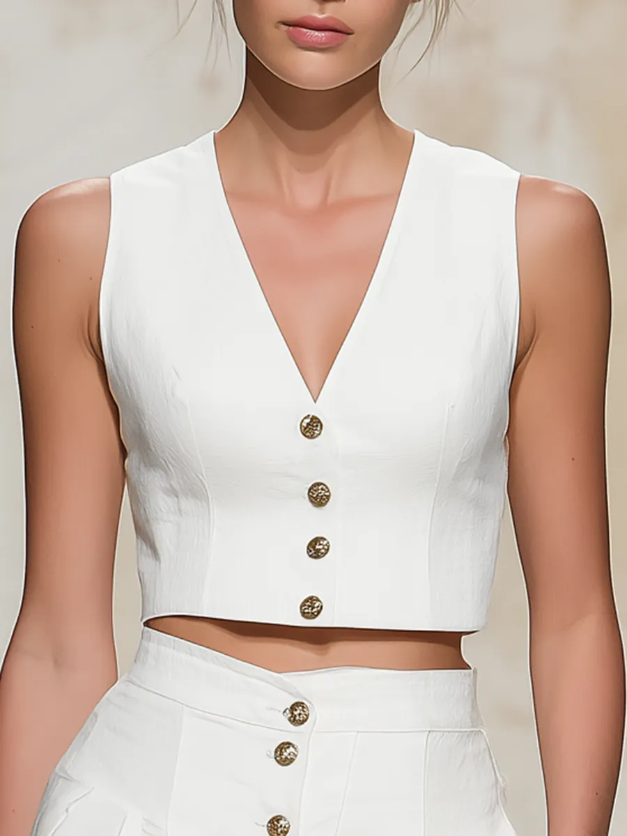 Vintage & Elegant V-neck Vest & Button-front Skirt Set